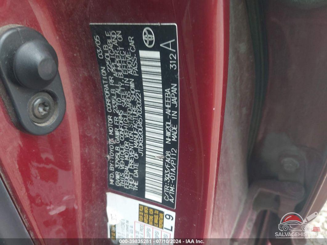 JTDKB20U457020221 2005 TOYOTA PRIUS photo no. 9