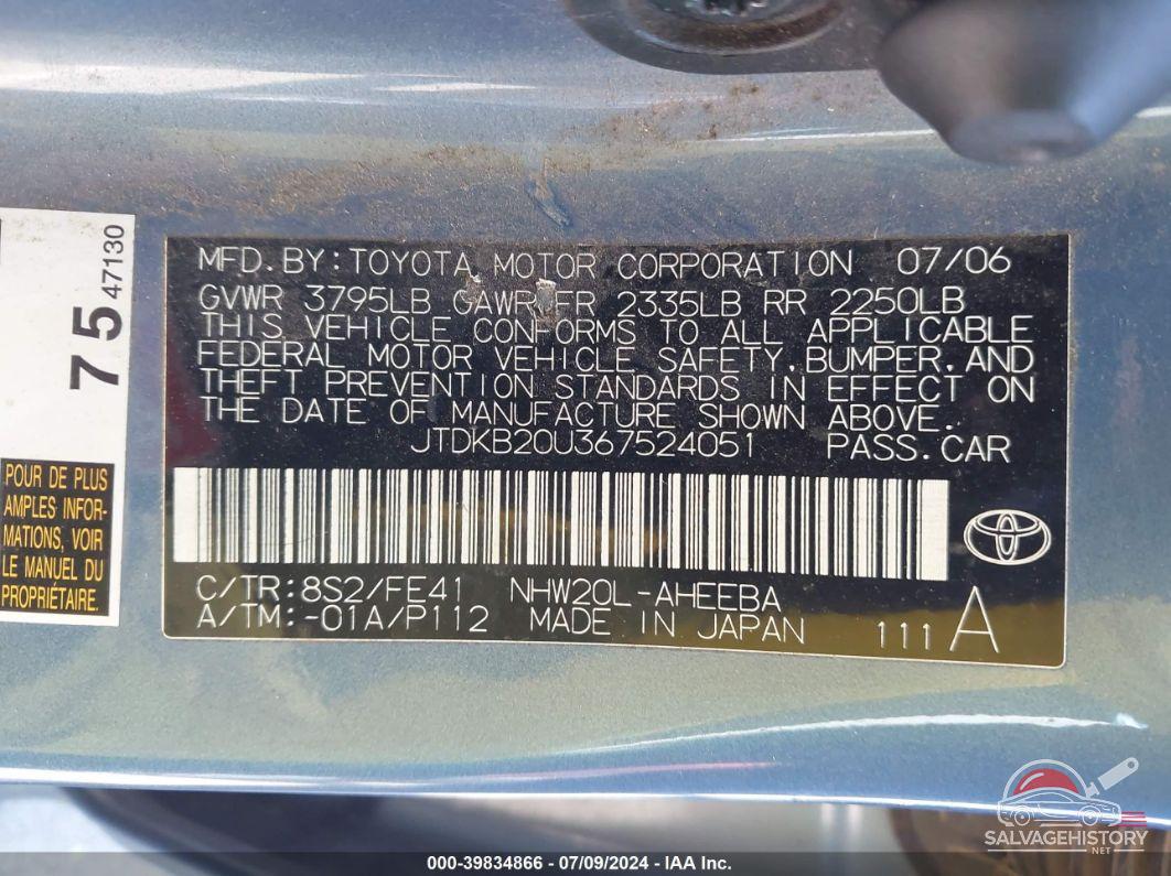 JTDKB20U367524051 2006 TOYOTA PRIUS photo no. 9