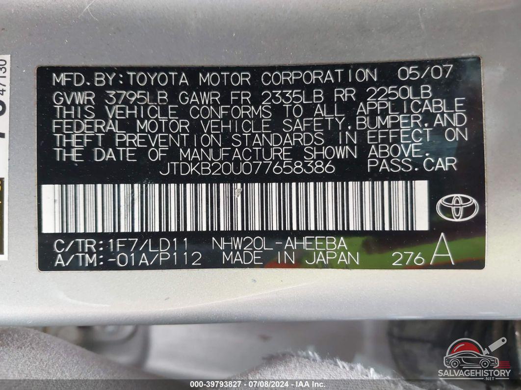 JTDKB20U077658386 2007 TOYOTA PRIUS photo no. 9