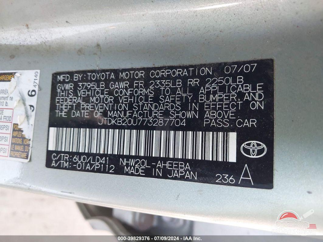 JTDKB20U773287704 2007 TOYOTA PRIUS photo no. 9