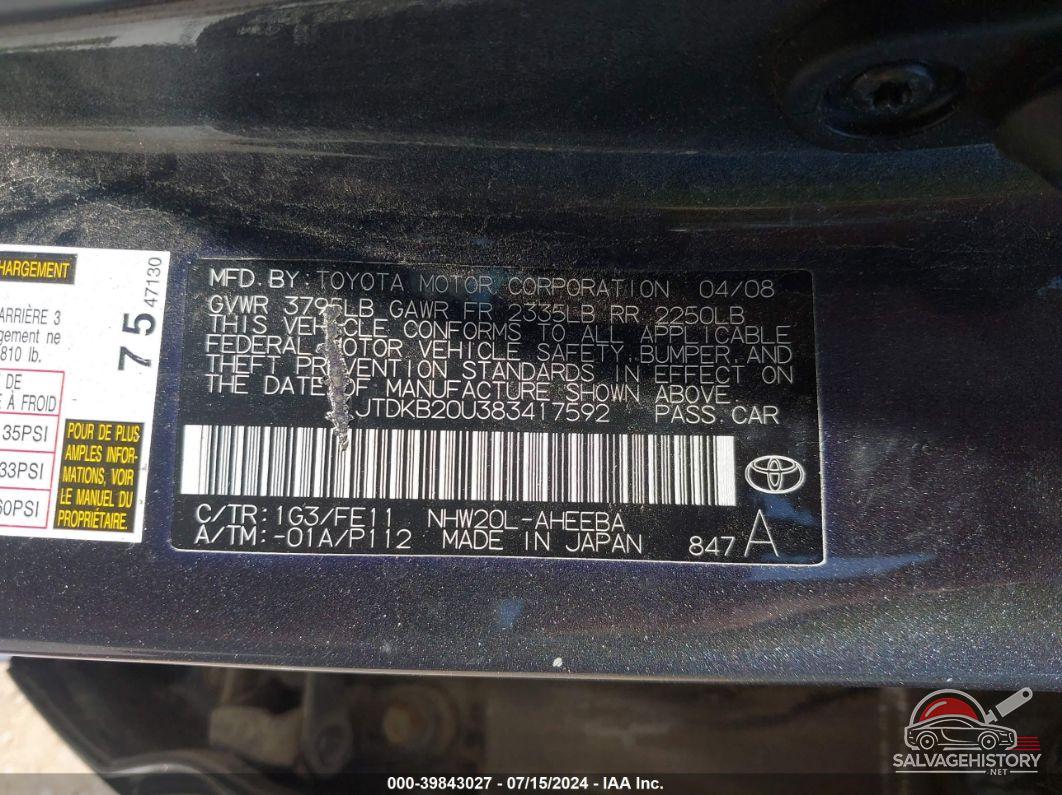 JTDKB20U383417592 2008 TOYOTA PRIUS photo no. 9