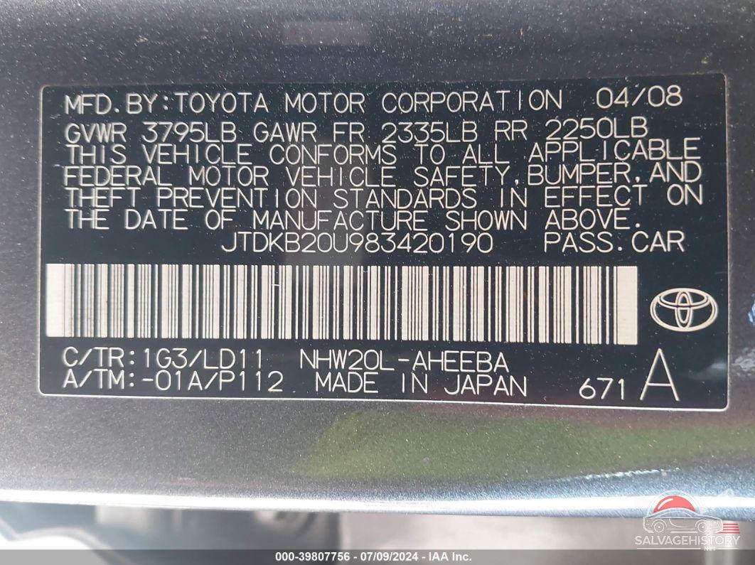 JTDKB20U983420190 2008 TOYOTA PRIUS photo no. 9