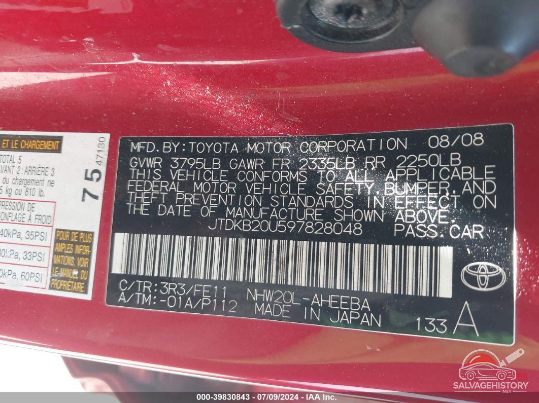 JTDKB20U597828048 2009 TOYOTA PRIUS photo no. 9