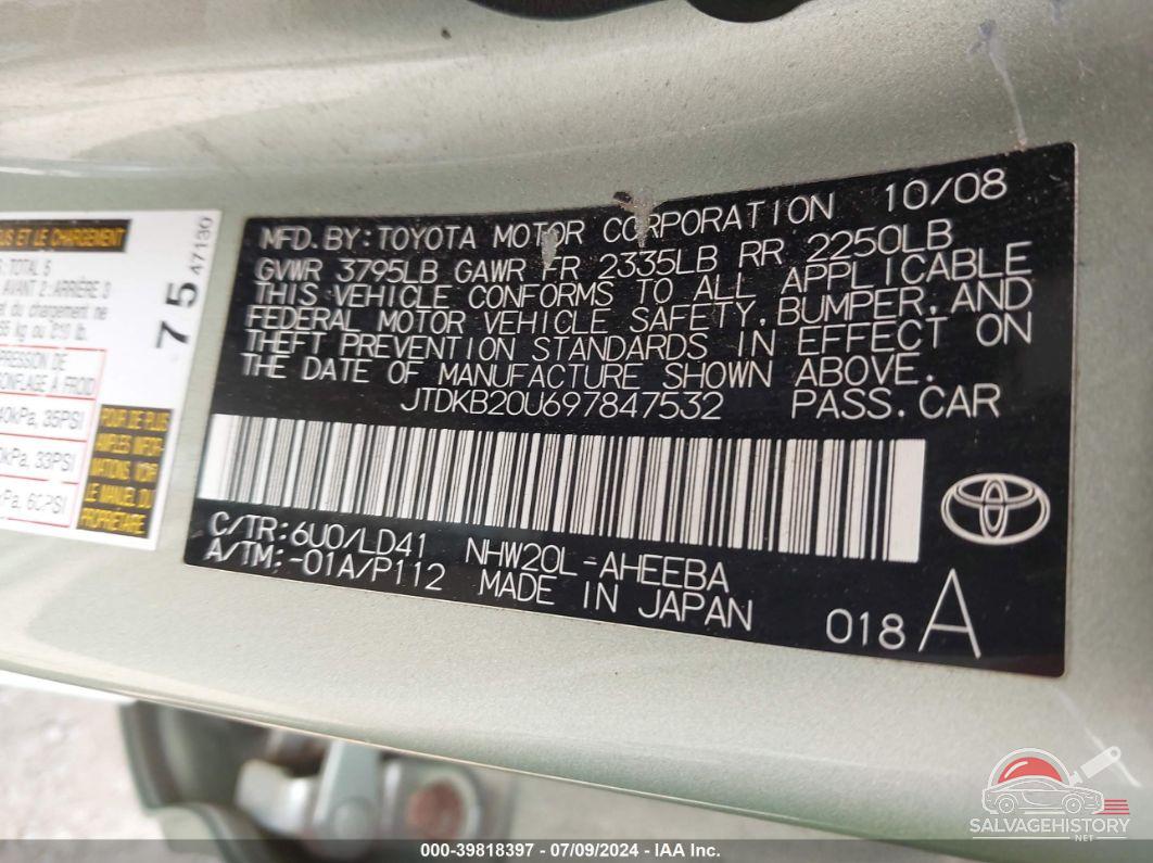JTDKB20U697847532 2009 TOYOTA PRIUS photo no. 9