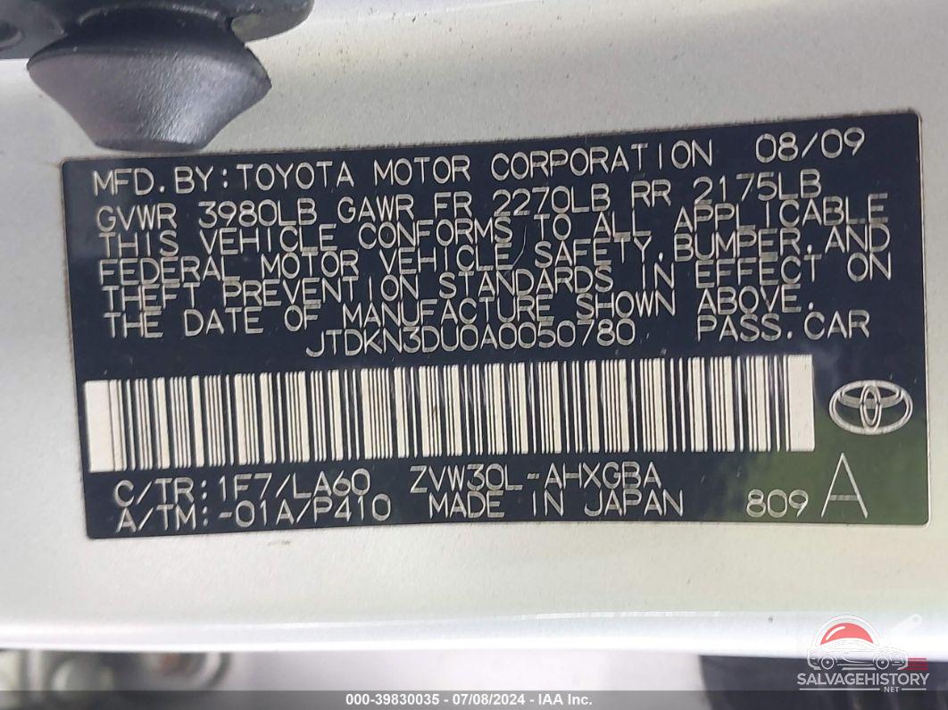 JTDKN3DU0A0050780 2010 TOYOTA PRIUS photo no. 9