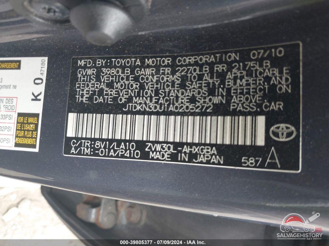 JTDKN3DU1A0205272 2010 TOYOTA PRIUS photo no. 9