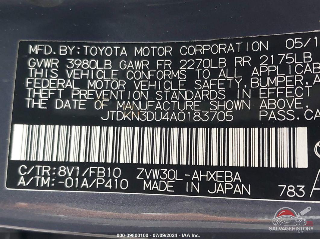 JTDKN3DU4A0183705 2010 TOYOTA PRIUS photo no. 9