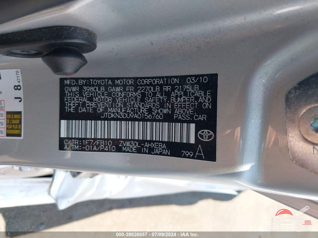JTDKN3DU9A0156760 2010 TOYOTA PRIUS photo no. 9
