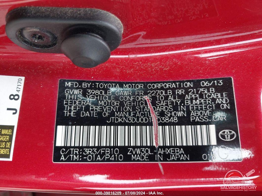 JTDKN3DU0D1703848 2013 TOYOTA PRIUS photo no. 9