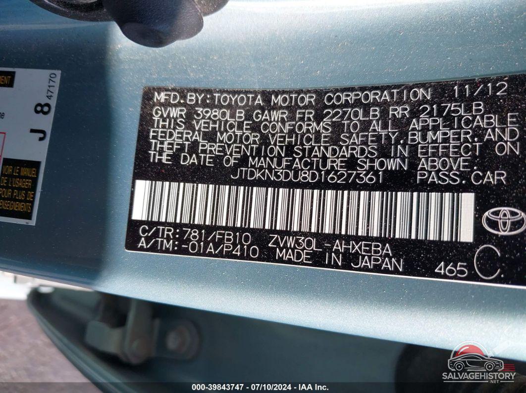 JTDKN3DU8D1627361 2013 TOYOTA PRIUS photo no. 9