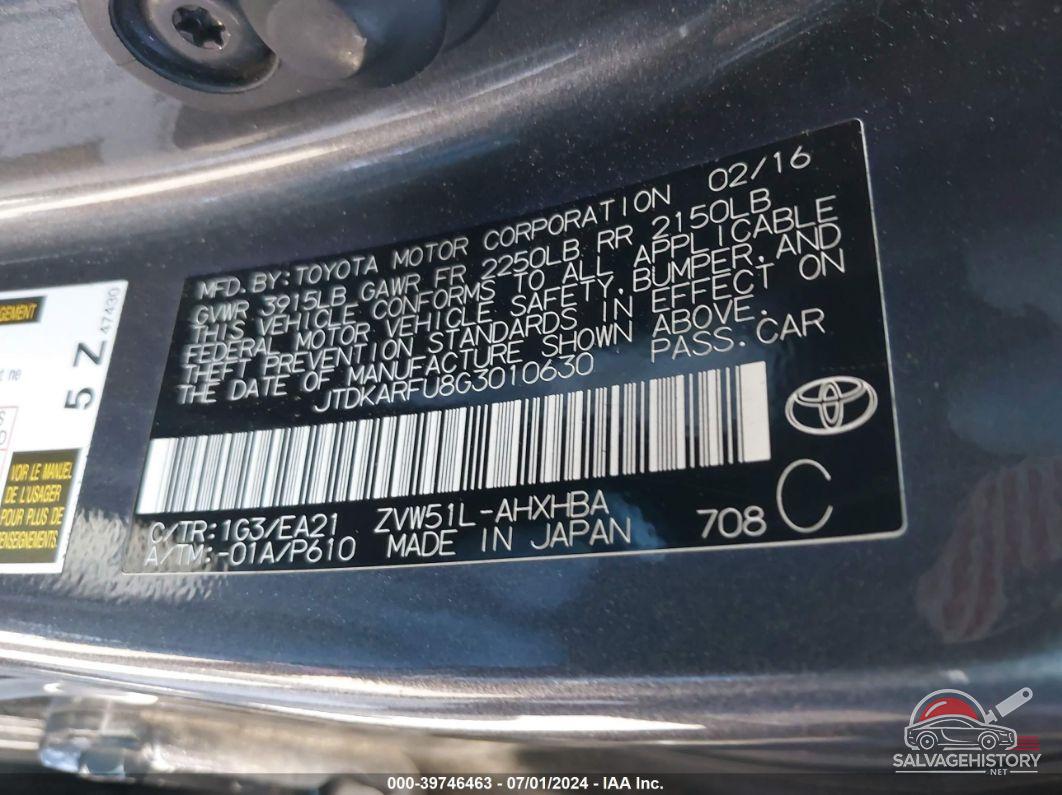 JTDKARFU8G3010630 2016 TOYOTA PRIUS photo no. 9