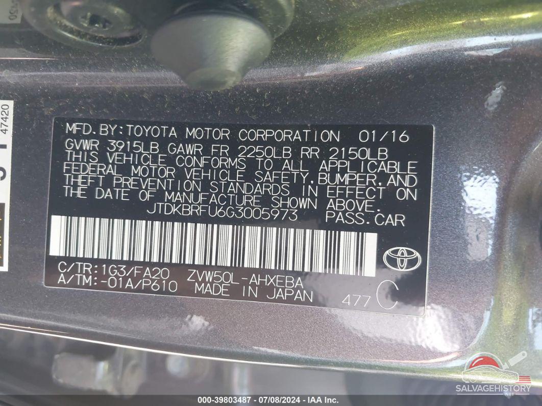 JTDKBRFU6G3005973 2016 TOYOTA PRIUS photo no. 9