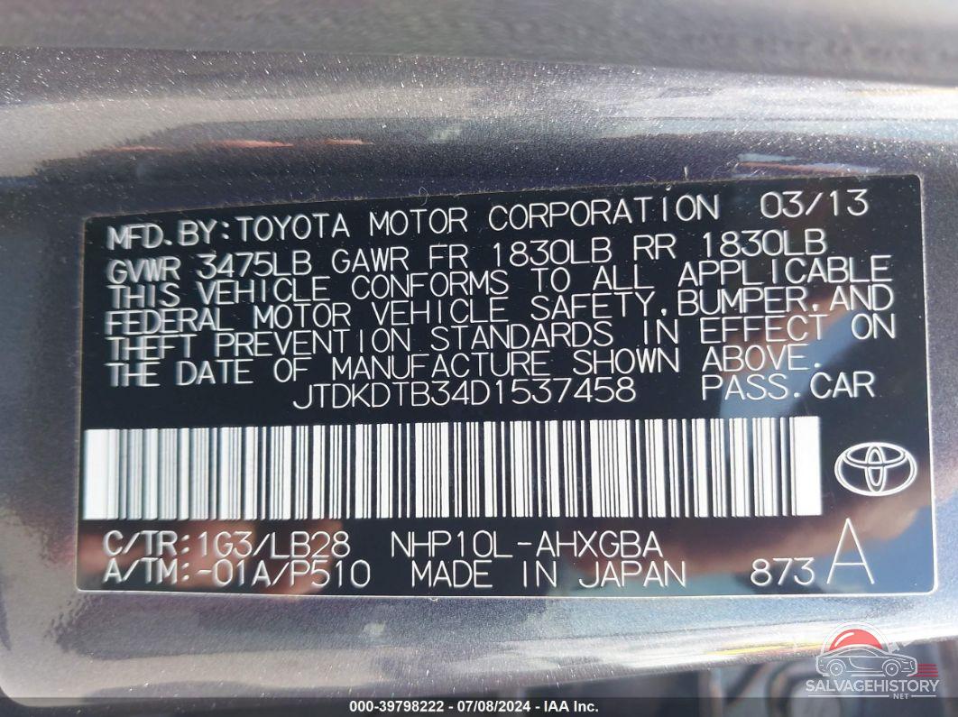 JTDKDTB34D1537458 2013 TOYOTA PRIUS C photo no. 9