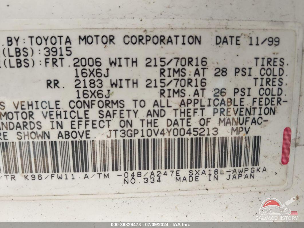 JT3GP10V4Y0045213 2000 TOYOTA RAV4 photo no. 9
