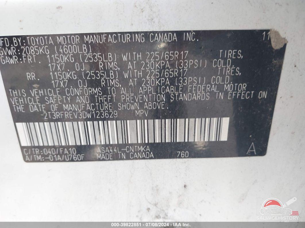 2T3RFREV3DW123629 2013 TOYOTA RAV4 photo no. 9
