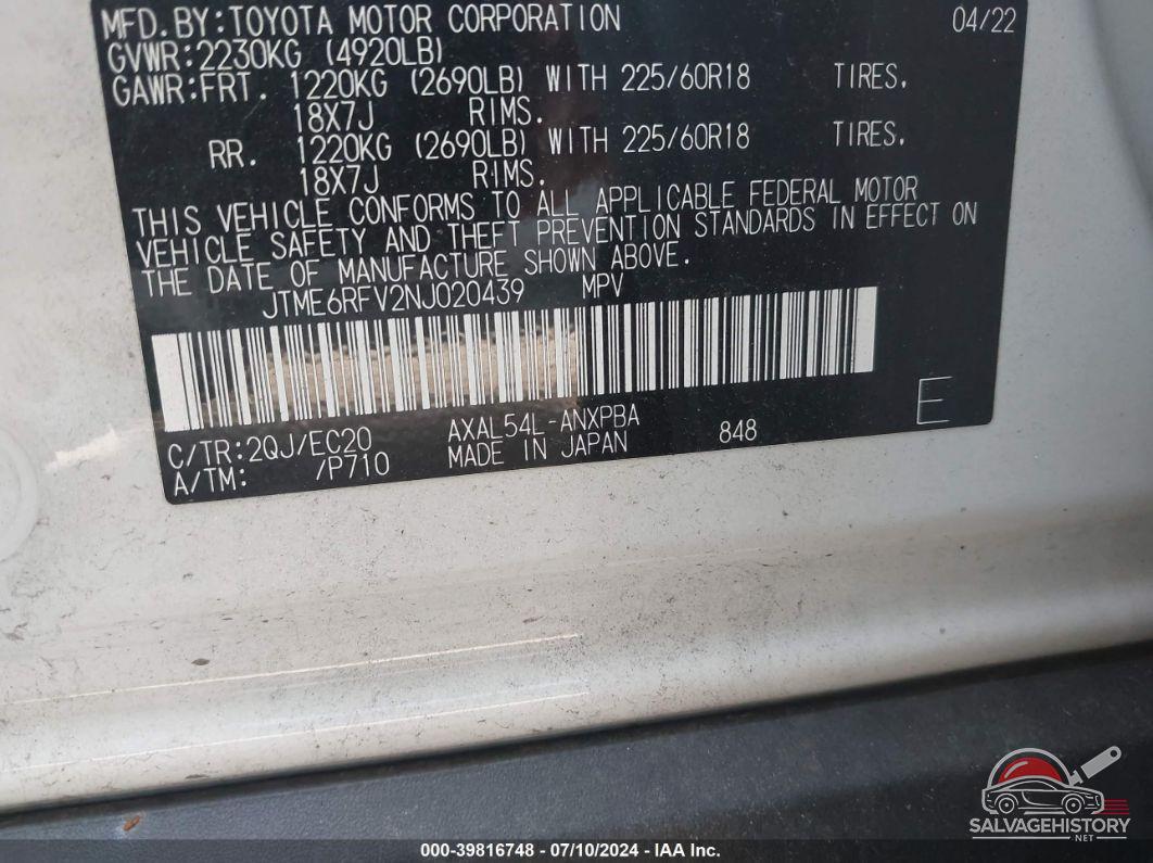 JTME6RFV2NJ020439 2022 TOYOTA RAV4 HYBRID photo no. 9