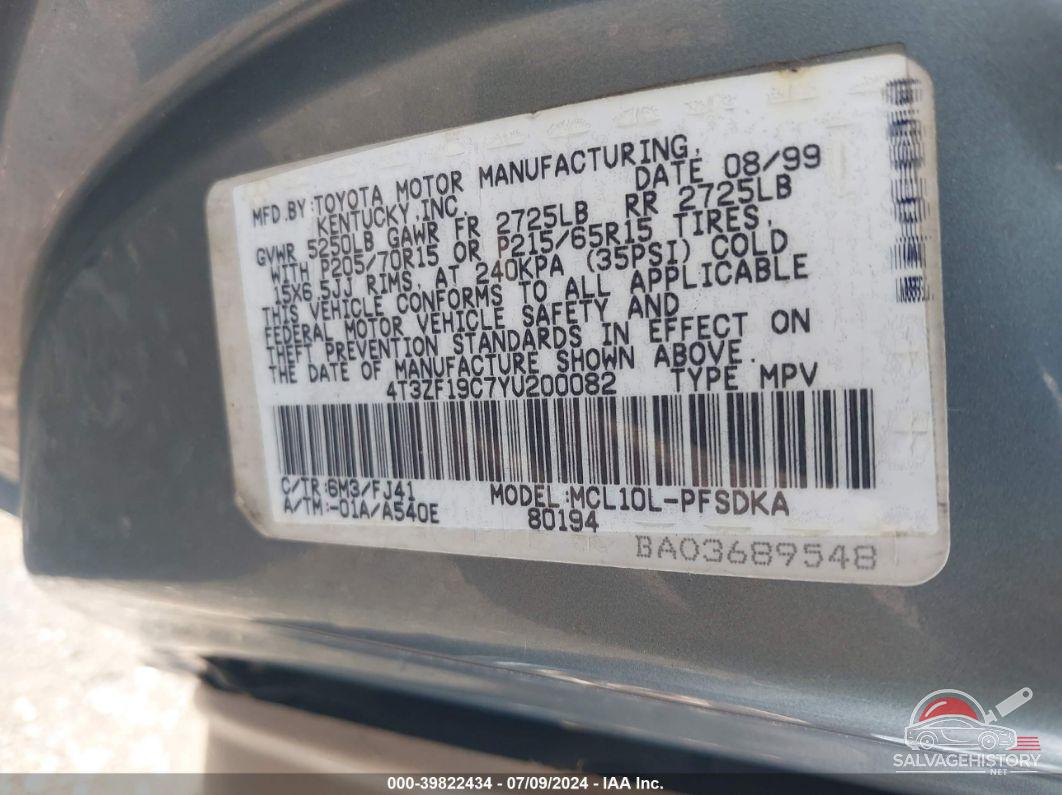 4T3ZF19C7YU200082 2000 TOYOTA SIENNA photo no. 9
