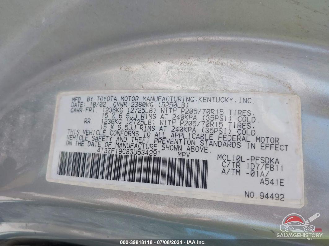 4T3ZF19C83U534291 2003 TOYOTA SIENNA photo no. 9