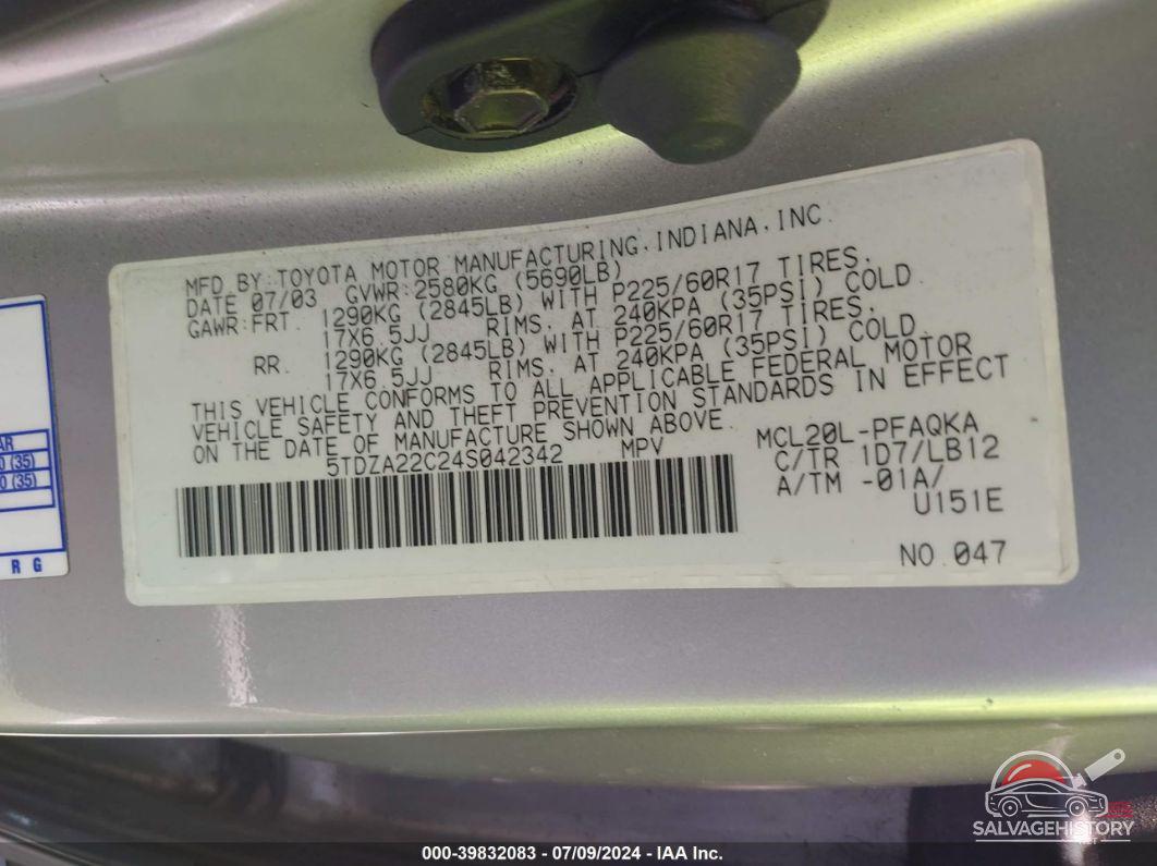 5TDZA22C24S042342 2004 TOYOTA SIENNA photo no. 9