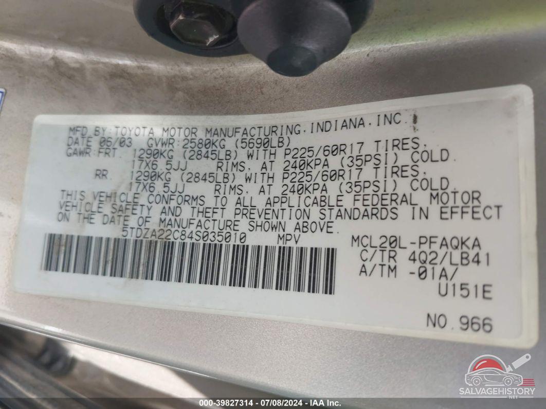 5TDZA22C84S035010 2004 TOYOTA SIENNA photo no. 9