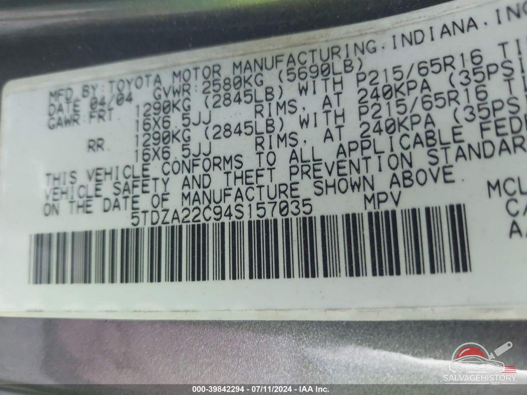 5TDZA22C94S157035 2004 TOYOTA SIENNA photo no. 9