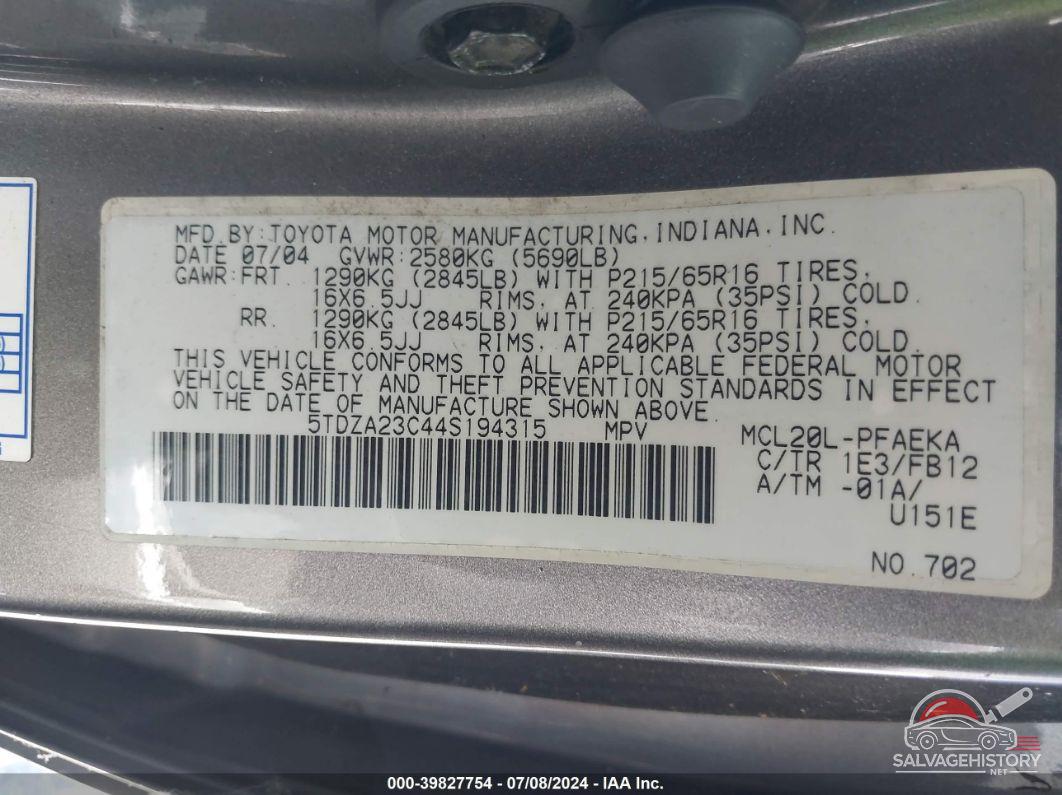 5TDZA23C44S194315 2004 TOYOTA SIENNA photo no. 9