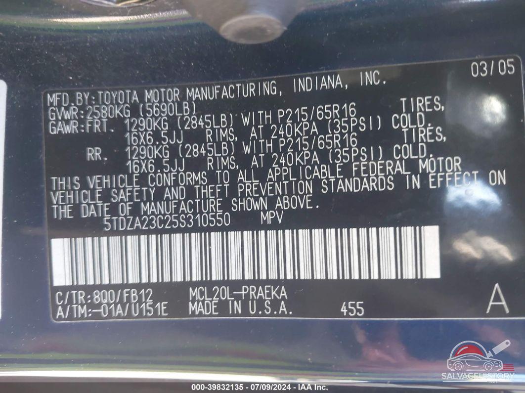 5TDZA23C25S310550 2005 TOYOTA SIENNA photo no. 9