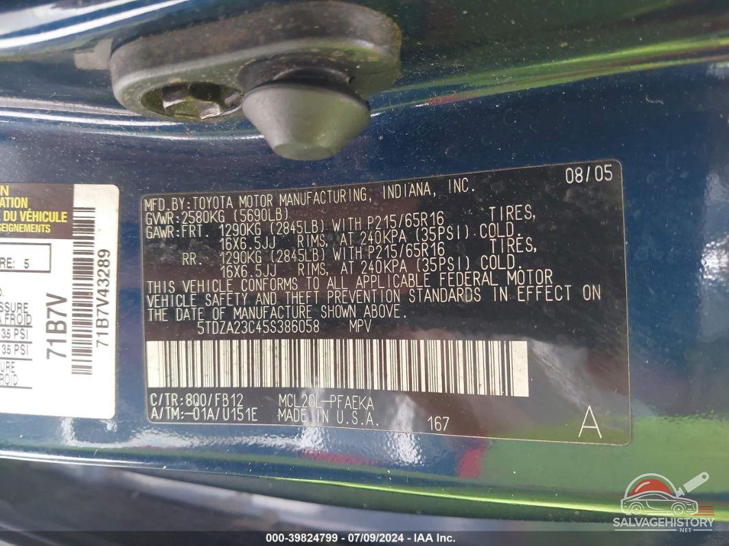 5TDZA23C45S386058 2005 TOYOTA SIENNA photo no. 9