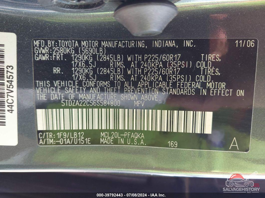 5TDZA22C56S584800 2006 TOYOTA SIENNA photo no. 9