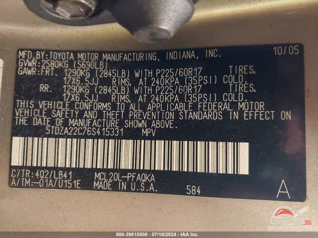 5TDZA22C76S415331 2006 TOYOTA SIENNA photo no. 9