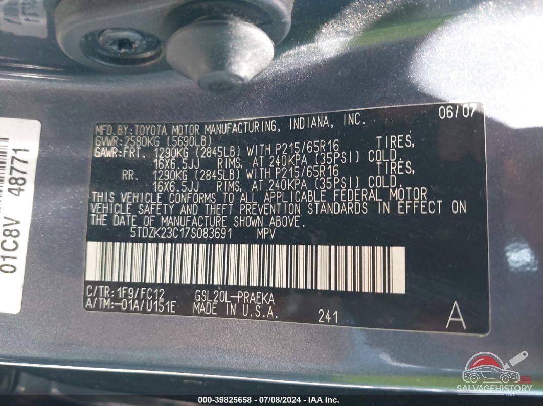 5TDZK23C17S083691 2007 TOYOTA SIENNA photo no. 9