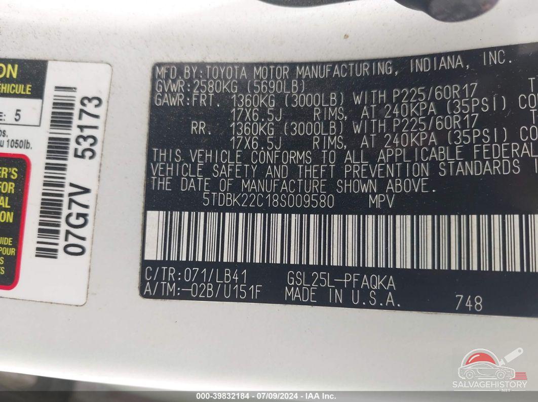 5TDBK22C18S009580 2008 TOYOTA SIENNA photo no. 9