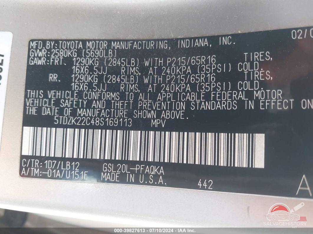 5TDZK22C48S169113 2008 TOYOTA SIENNA photo no. 9
