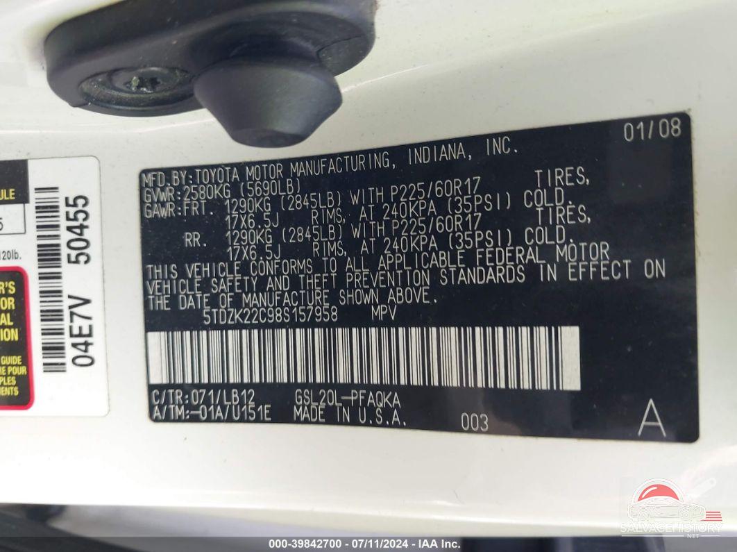5TDZK22C98S157958 2008 TOYOTA SIENNA photo no. 9
