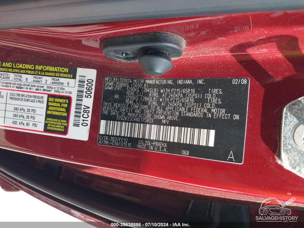 5TDZK23C48S175833 2008 TOYOTA SIENNA photo no. 9
