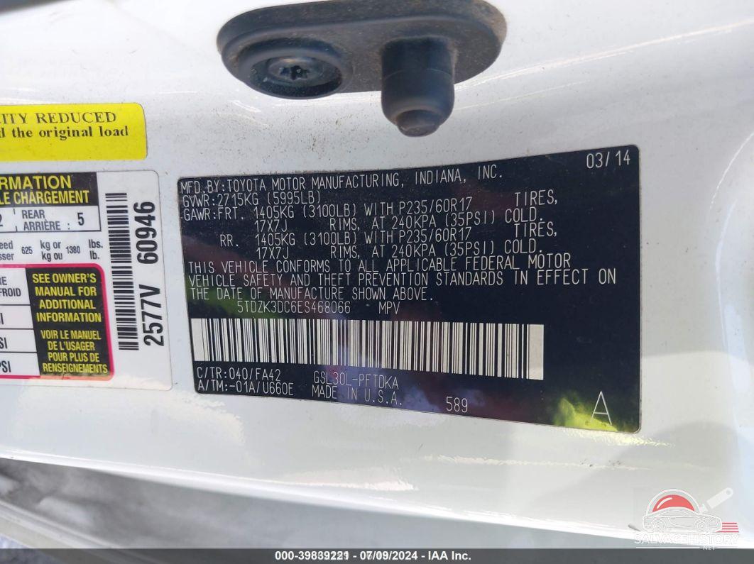 5TDZK3DC6ES468066 2014 TOYOTA SIENNA photo no. 9