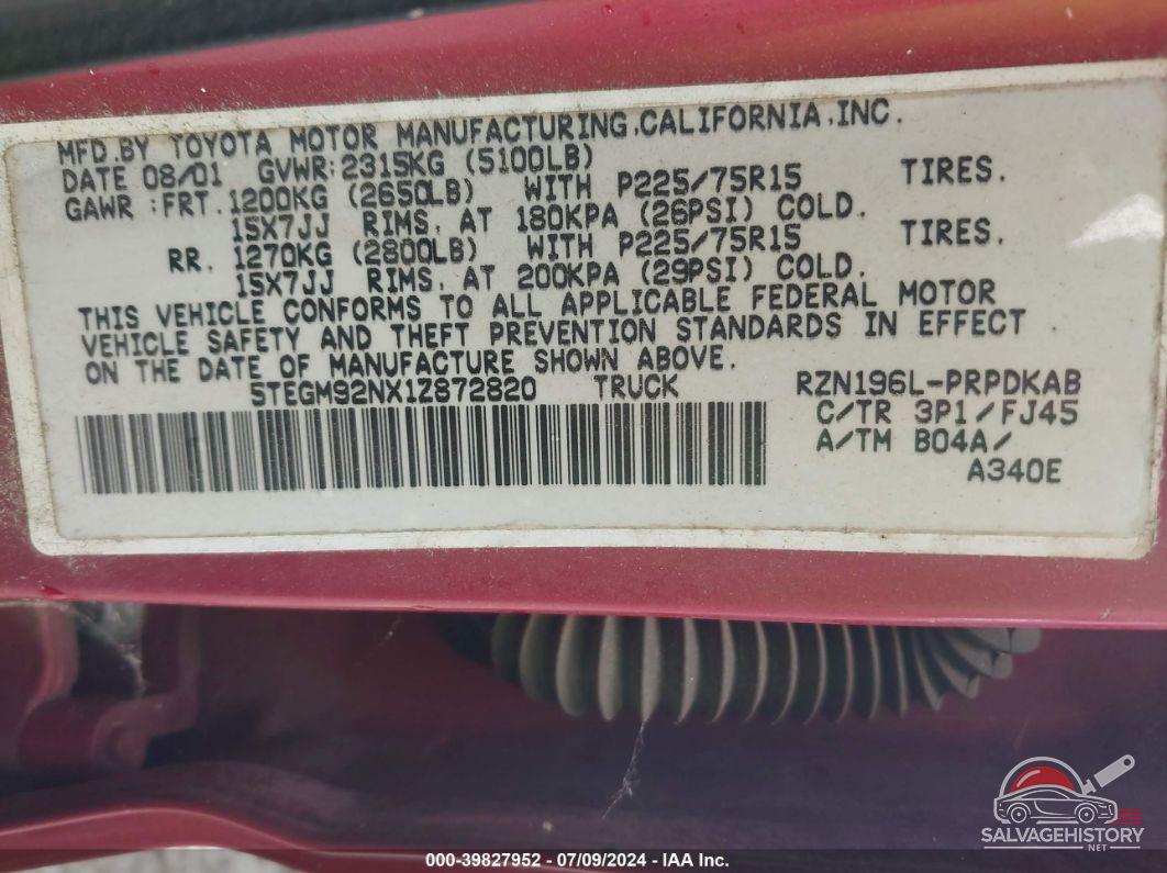 5TEGM92NX1Z872820 2001 TOYOTA TACOMA photo no. 9