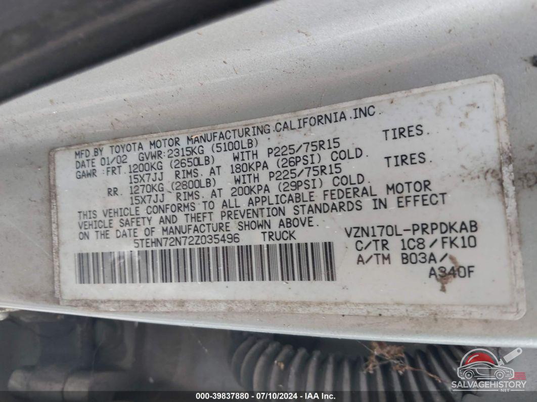 5TEHN72N72Z035496 2002 TOYOTA TACOMA photo no. 9