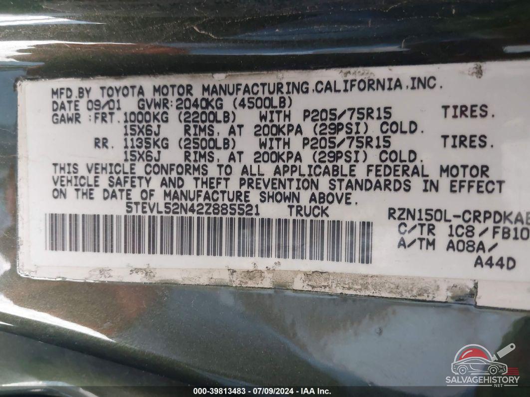 5TEVL52N42Z885521 2002 TOYOTA TACOMA photo no. 9