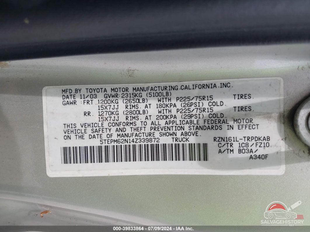 5TEPM62N14Z339872 2004 TOYOTA TACOMA photo no. 9
