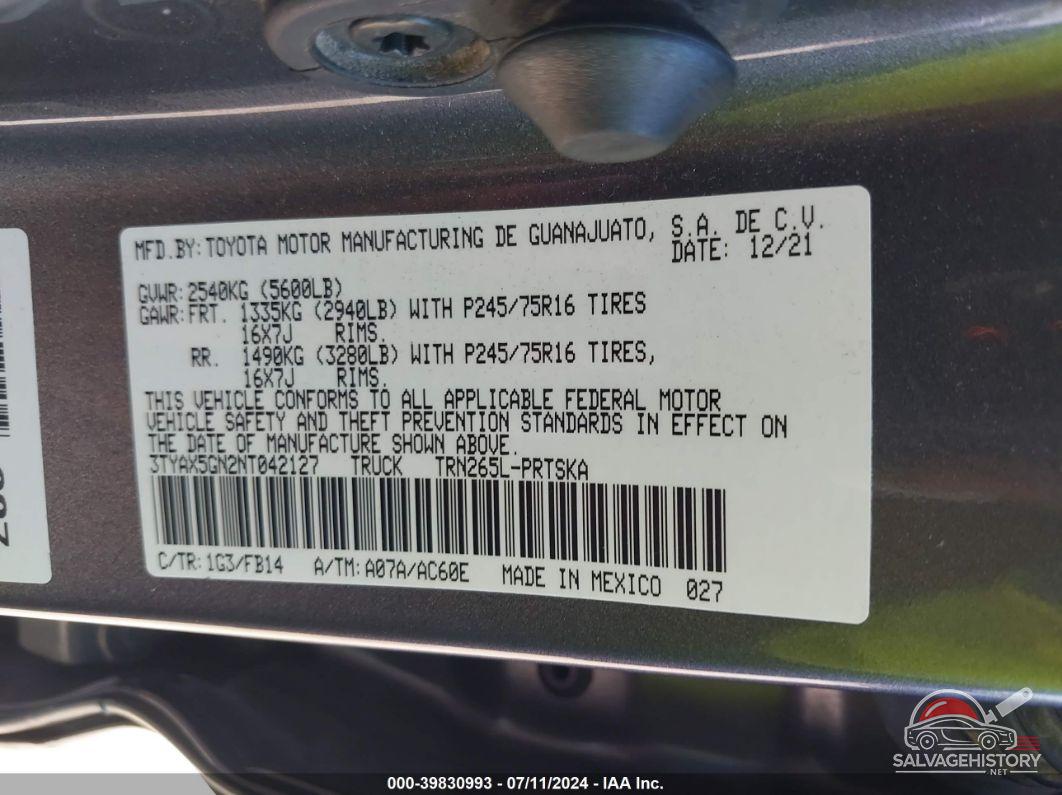 3TYAX5GN2NT042127 2022 TOYOTA TACOMA photo no. 9