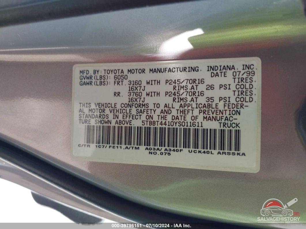 5TBBT4410YS011611 2000 TOYOTA TUNDRA photo no. 9