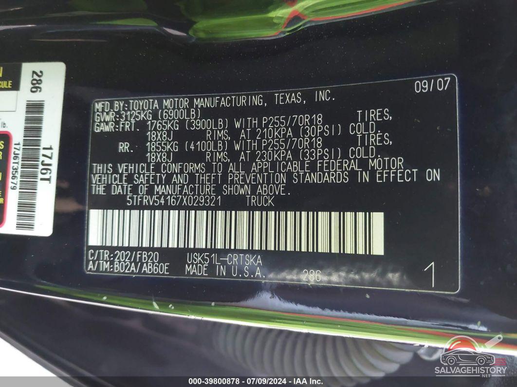 5TFRV54167X029321 2007 TOYOTA TUNDRA photo no. 9