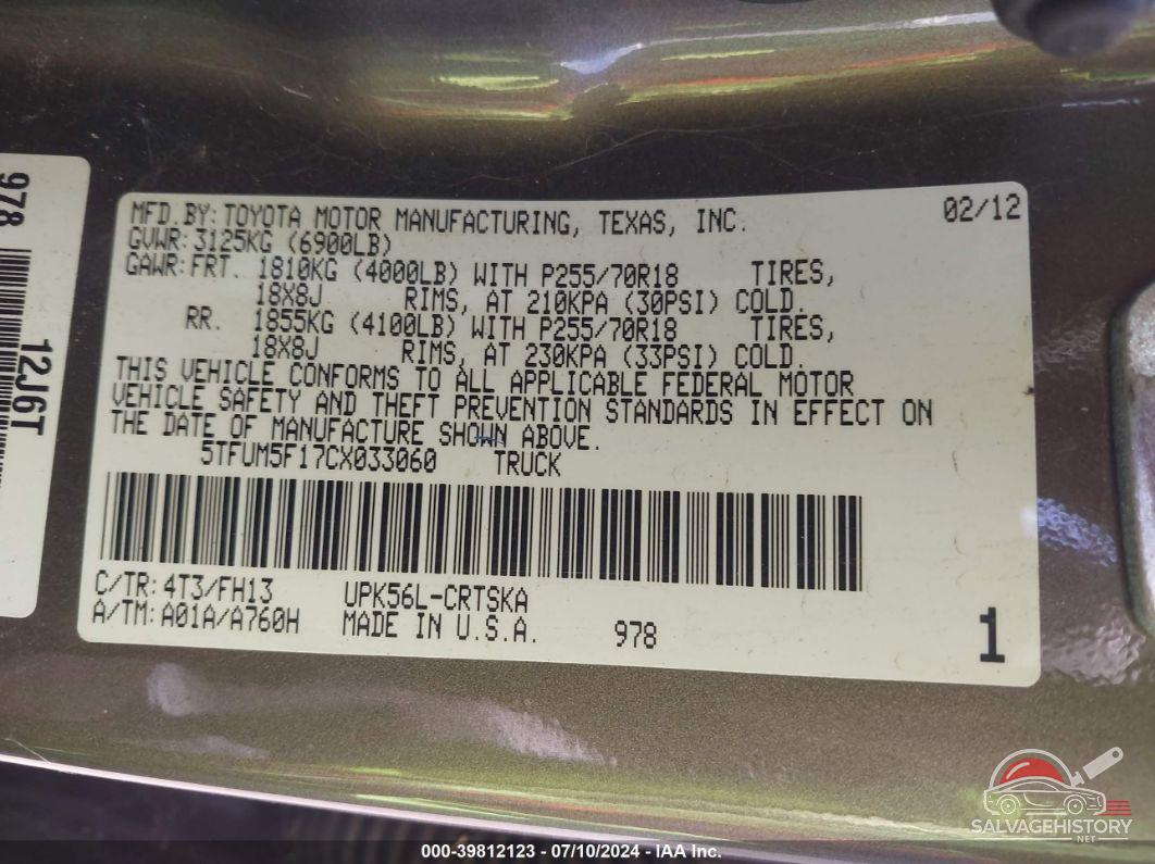 5TFUM5F17CX033060 2012 TOYOTA TUNDRA photo no. 9