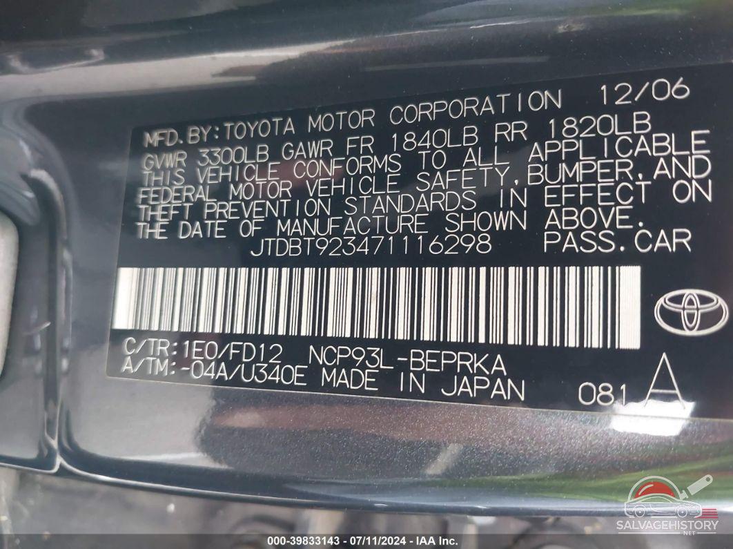 JTDBT923471116298 2007 TOYOTA YARIS photo no. 9