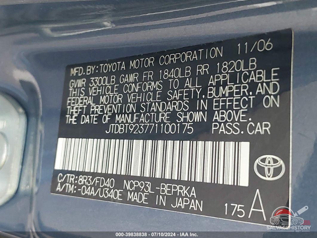 JTDBT923771100175 2007 TOYOTA YARIS photo no. 9