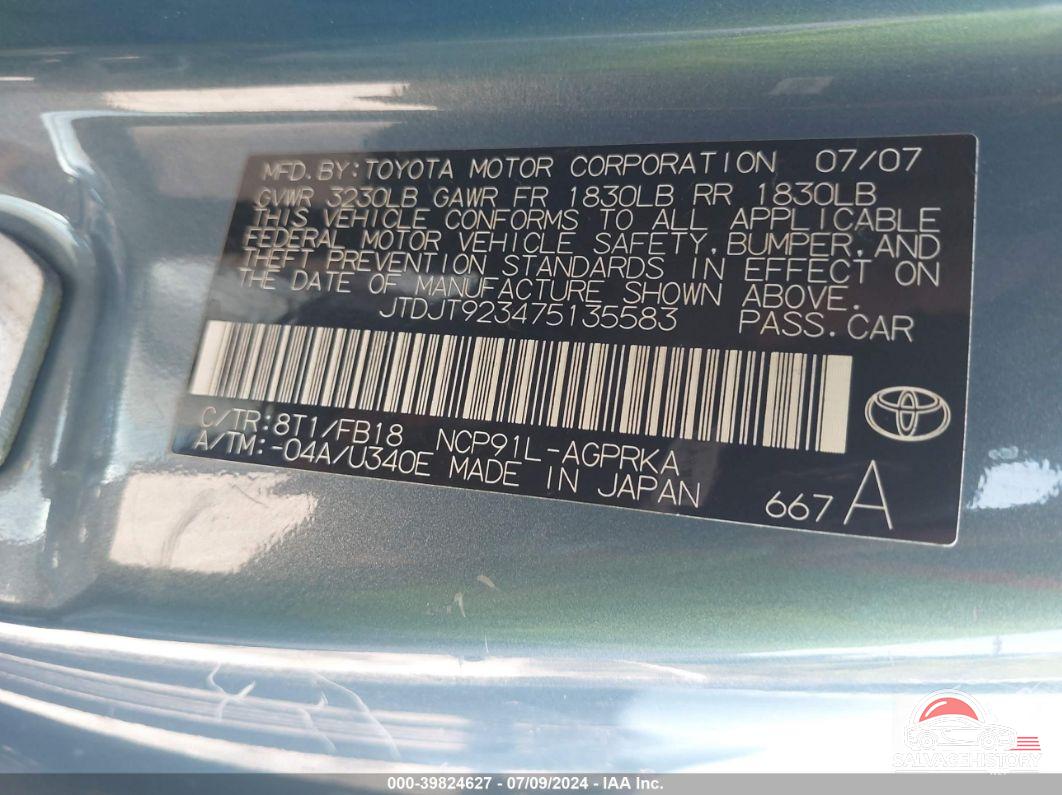 JTDJT923475135583 2007 TOYOTA YARIS photo no. 9