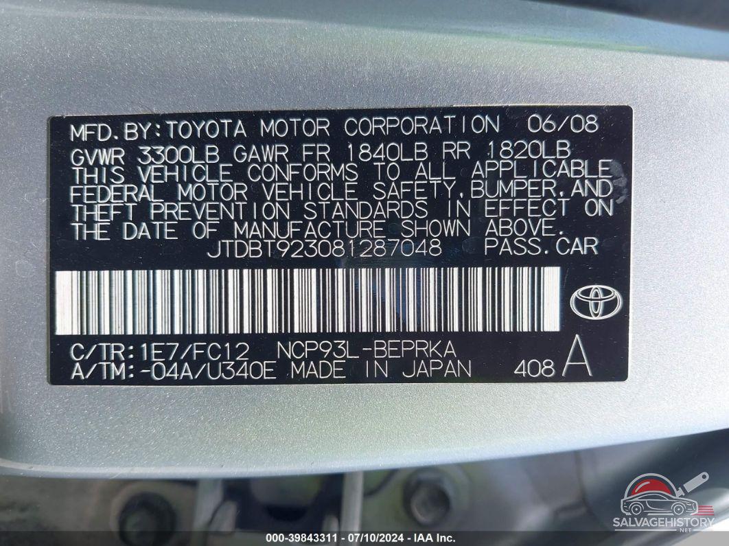 JTDBT923081287048 2008 TOYOTA YARIS photo no. 9