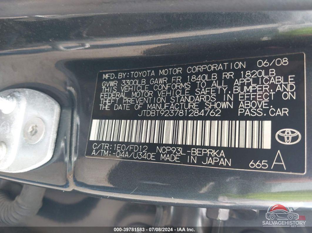JTDBT923781284762 2008 TOYOTA YARIS photo no. 9
