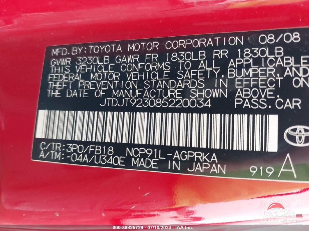 JTDJT923085220034 2008 TOYOTA YARIS photo no. 9